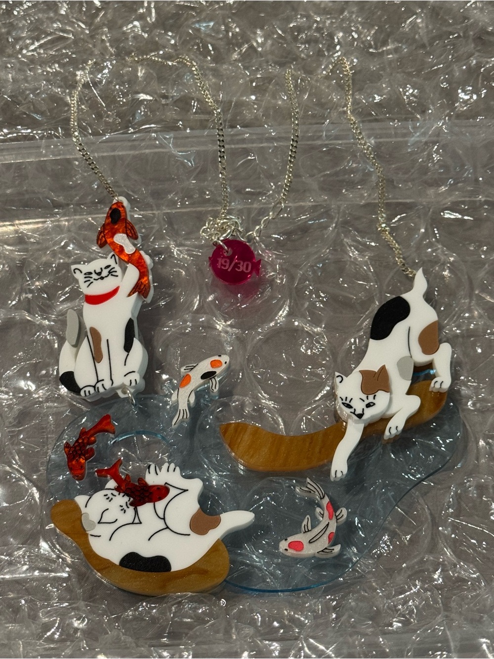La Vidriola Calico Cat and Koi Acrylic Necklace